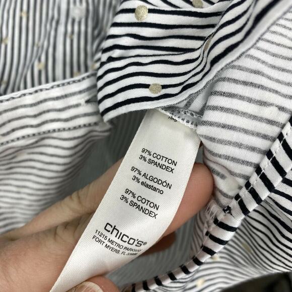 Chico's Women's Striped Polka Dot Button Down Top Shirt Sz 1/M/8 Black White - Picture 6 of 7